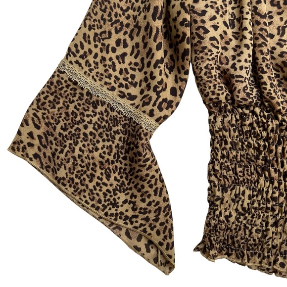 Piano Vintage Y2K Cheetah Print Mobwife Renaissance Smocked Bell Sleeve Top SZ M - Picture 4 of 12
